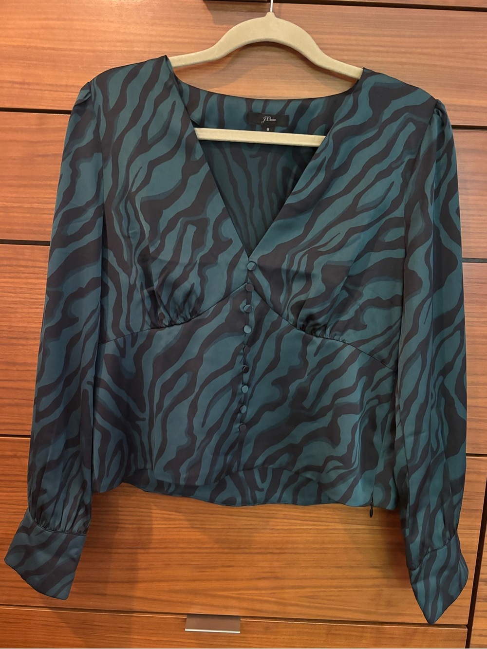 J. Crew Teal and Black Zebra-Print V-Neck Button-Front Blouse, size 8.